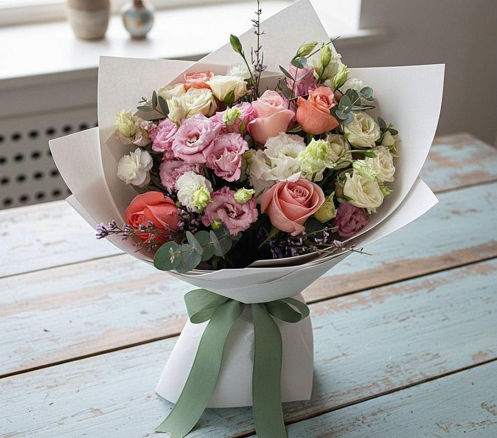 Букет цветов из: Розы, Лизиантусы и Гвоздики в Аксарке