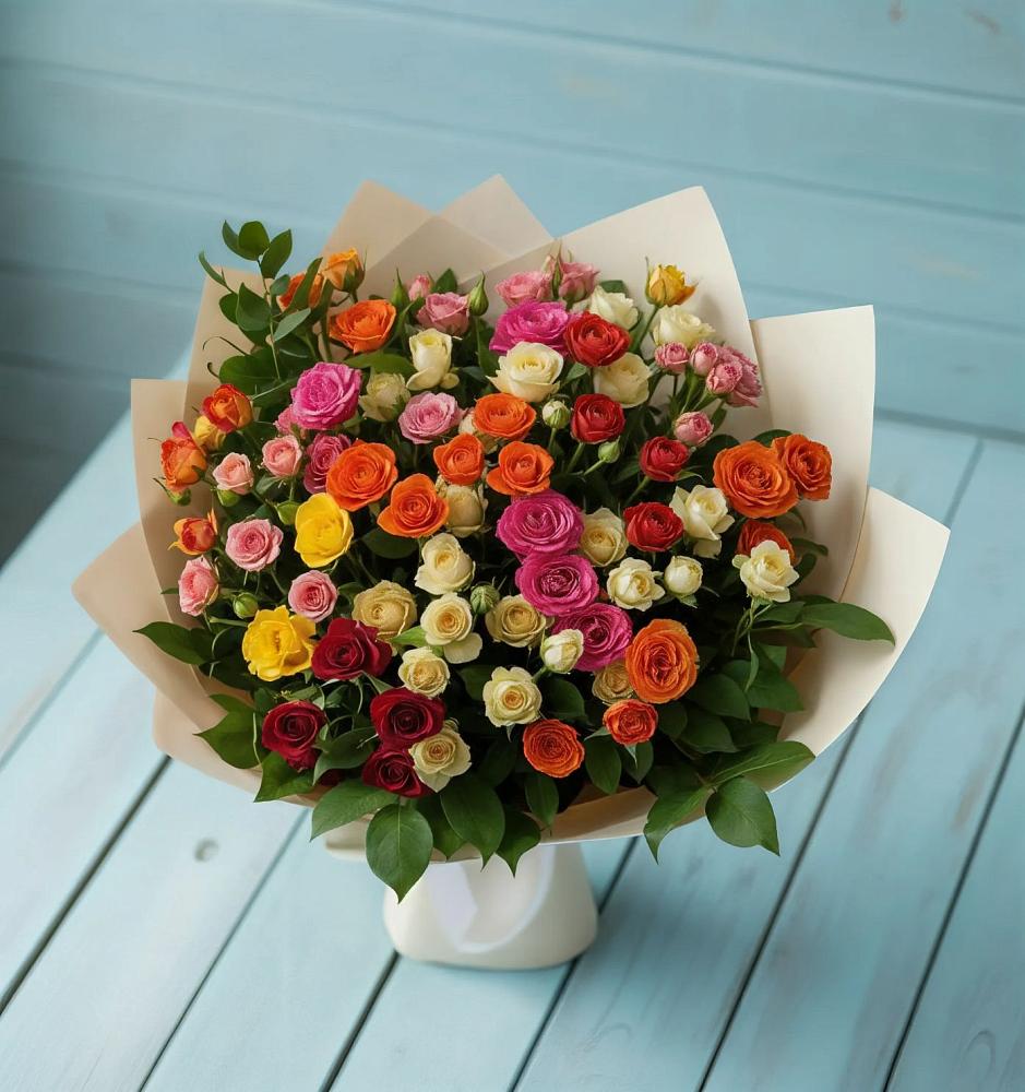 Букет Микс из разноцветных кустовых роз в Аксарке