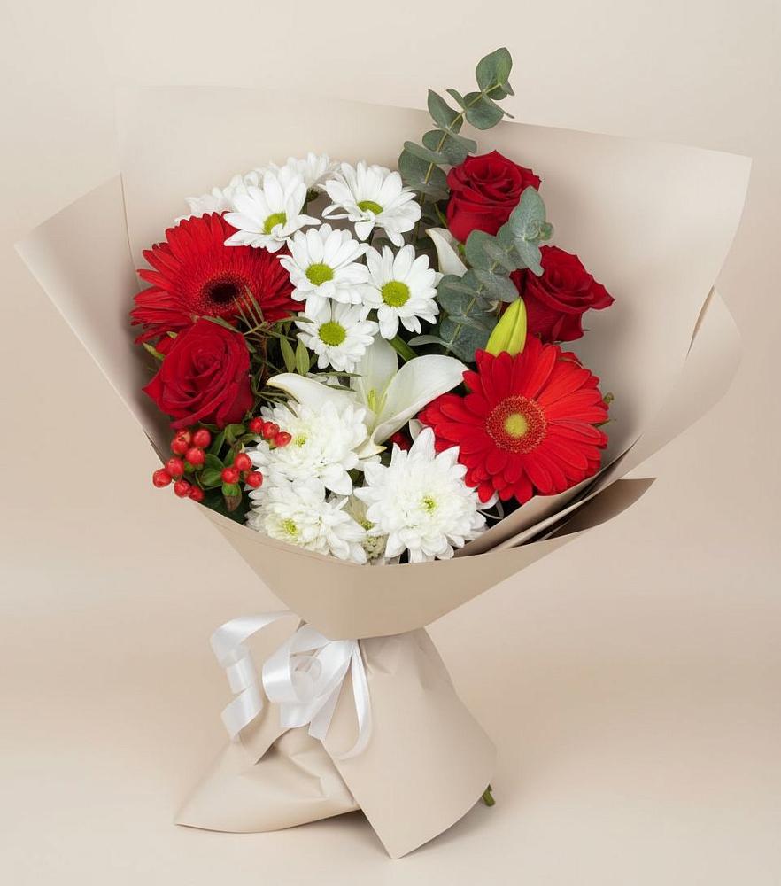 Букет цветов из: Розы, Хризантемы, Герберы и Лилии в Аксарке